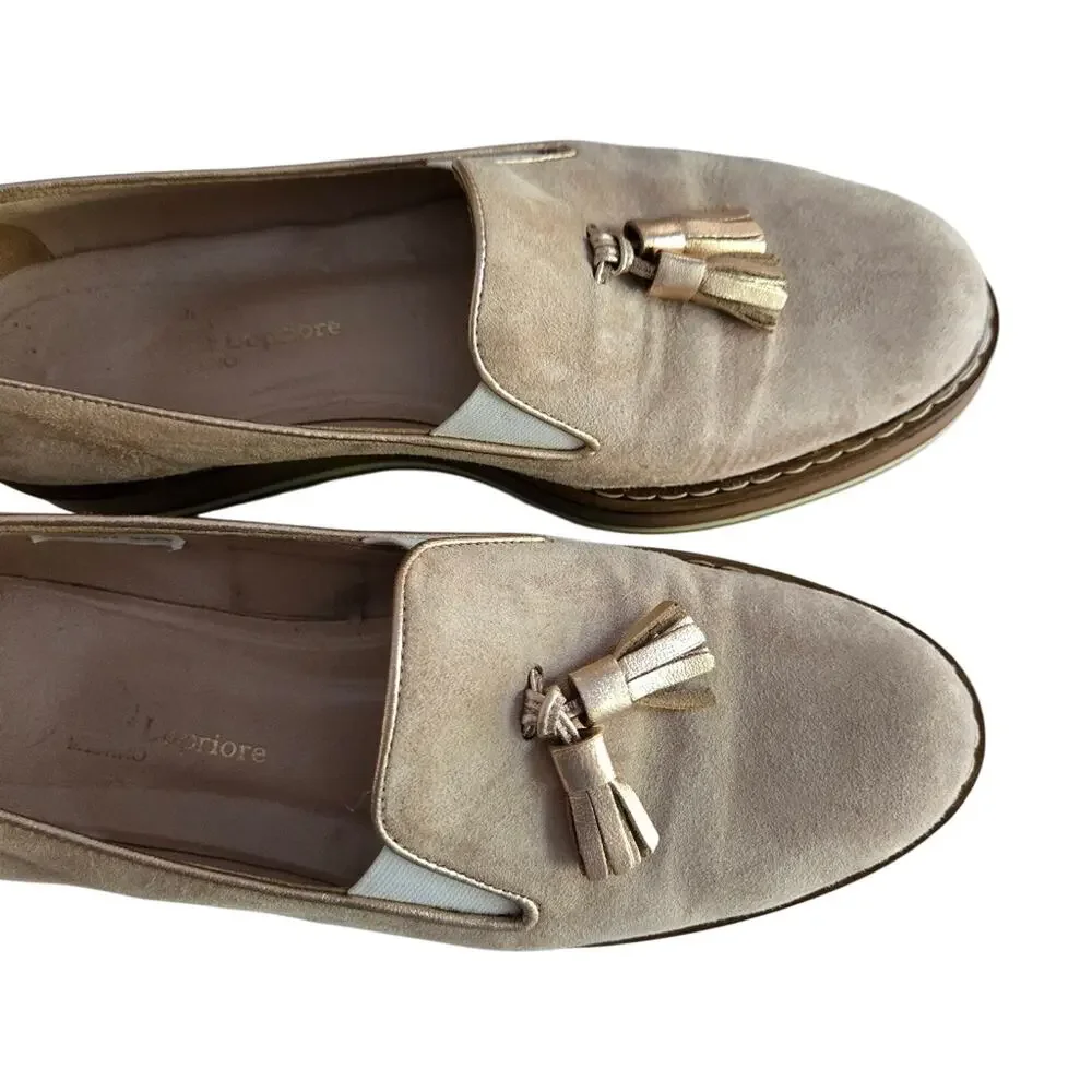 Michele Lopriore Cassidy Tan Suede Platform Loafers Tassel Euro Chic Size 37 7